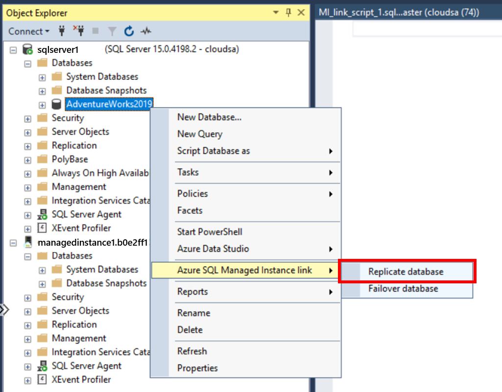 Screenshot that shows a database's context menu option for replication.