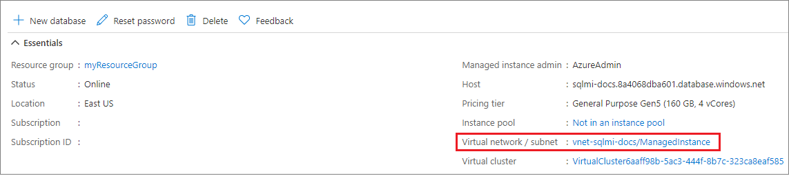 Screenshot shows the Virtual network configuration page where you can find your Virtual network/subnet value.