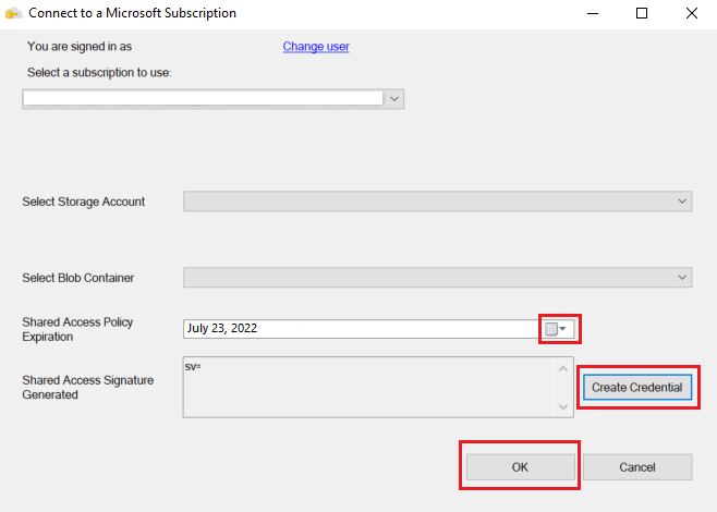 Screenshot of the Connect to a Microsoft Subscription dialog. Create Credential, OK, and the Shared Access Policy Expiration box are called out.