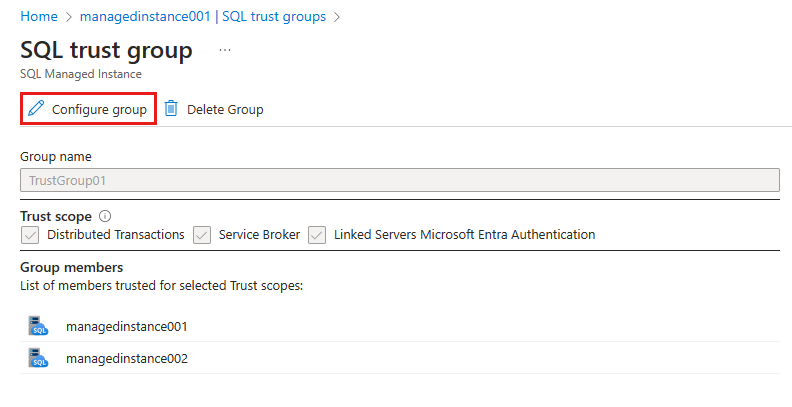 Screenshot shows a SQL trust group with Configure group highlighted.