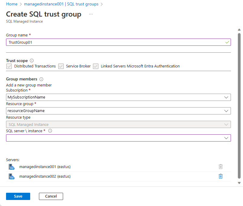 Screenshot shows the Create SQL trust group create page with values.