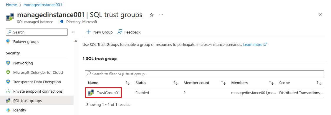 Screenshot shows SQL trust groups page with a group highlighted.