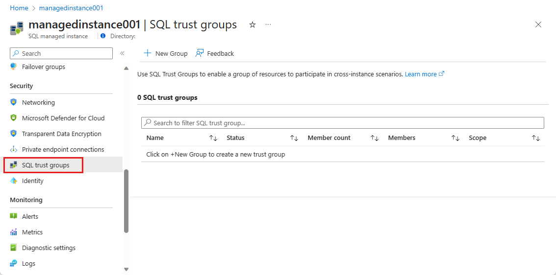 Screenshot shows SQL trust groups page for a SQL managed instance.