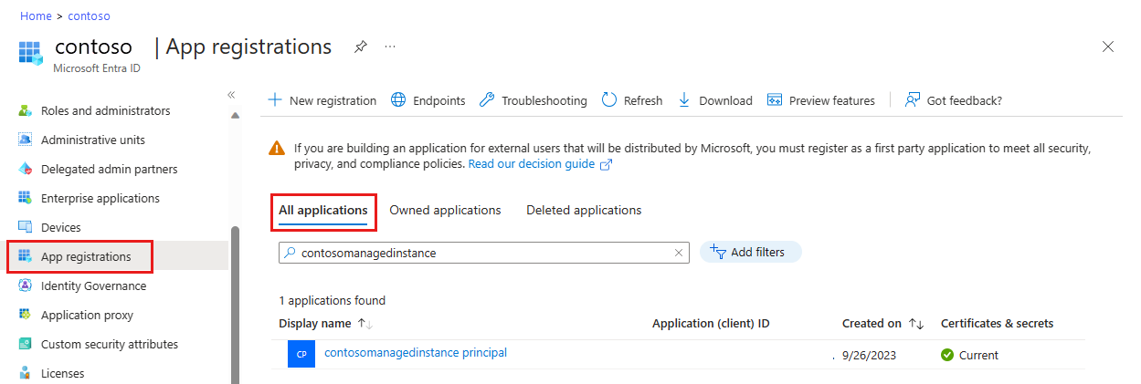 Screenshot of the Azure portal. Azure Active Directory is open. App registrations is selected in the left pane. App applications is highlighted in the right pane.