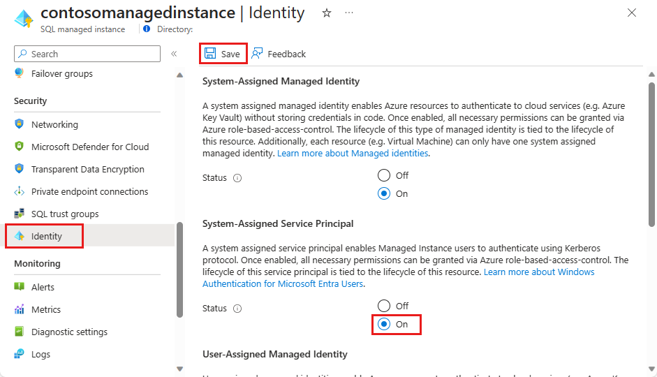 Screenshot of the identity pane for a managed instance in the Azure portal. Under 'System assigned service principal' the radio button next to the 'Status' label has been set to 'On'.