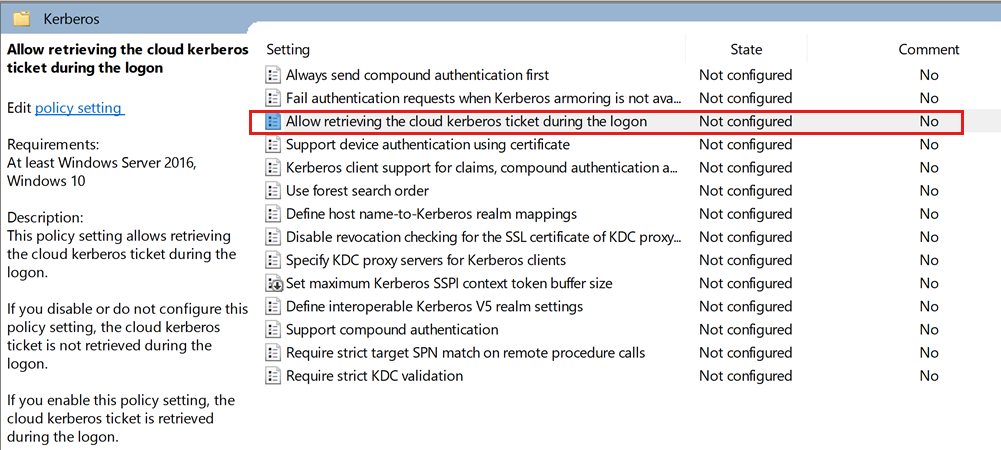 A list of kerberos policy settings in the Windows policy editor. The 'Allow retrieving the cloud kerberos tikcet during the logon' policy is highlighted with a red box.