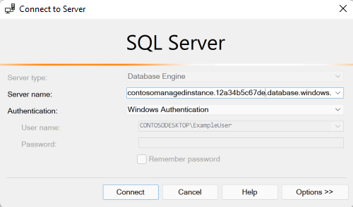Dialog box from SQL Server Management Studio with a managed instance name in the 'Server Name' area and 'Authentication' set to 'Windows Authentication'.