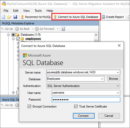 Screenshot of the "Connect to Azure SQL Database" pane in SSMA for MySQL.