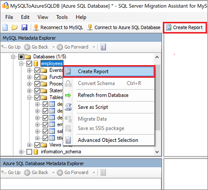 Screenshot of the "Create Report" links in SSMA for MySQL.