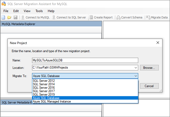 Screenshot of the "New Project" pane for entering your migration project name, location, and target.