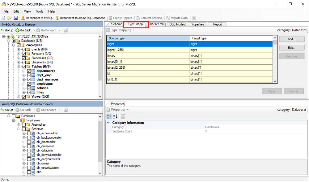Screenshot of the "Type Mapping" pane in SSMA for MySQL.