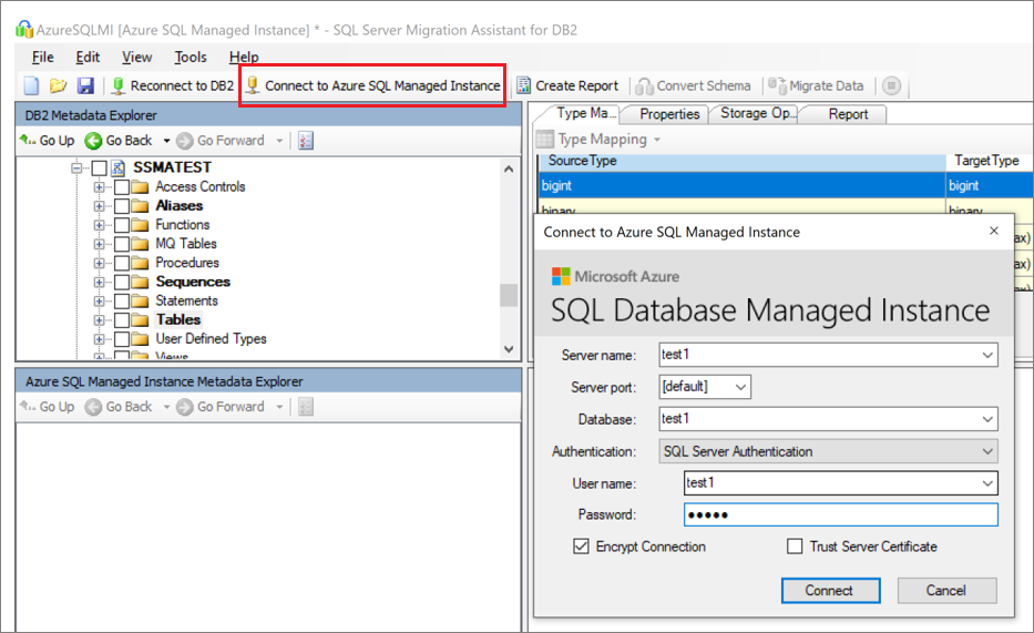 Screenshot that shows the details needed to connect to SQL Server.