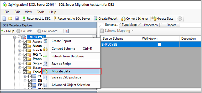 Screenshot that shows selecting the schema and choosing to migrate data.
