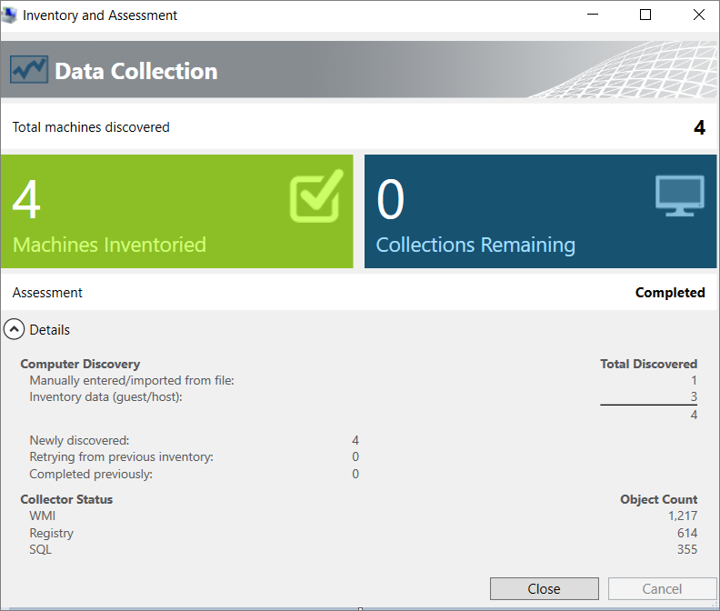 Screenshot that shows the Data Collection summary.