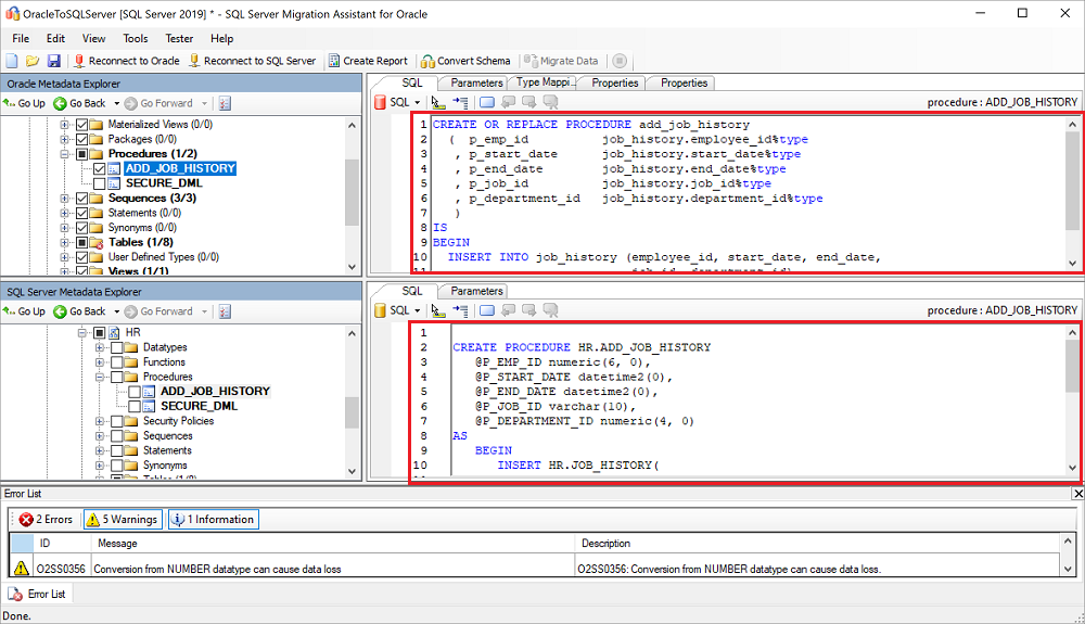 Screenshot that shows Transact-SQL, stored procedures, and a warning.