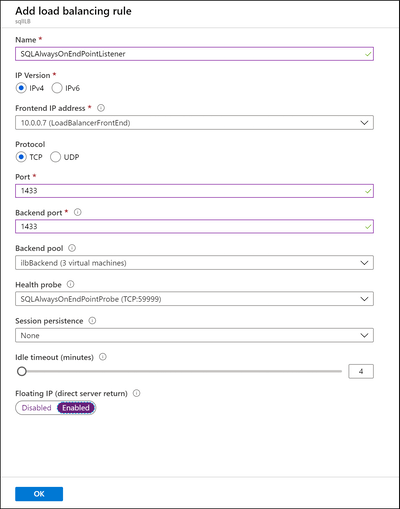 Screenshot showing how to add a load balancing rule.