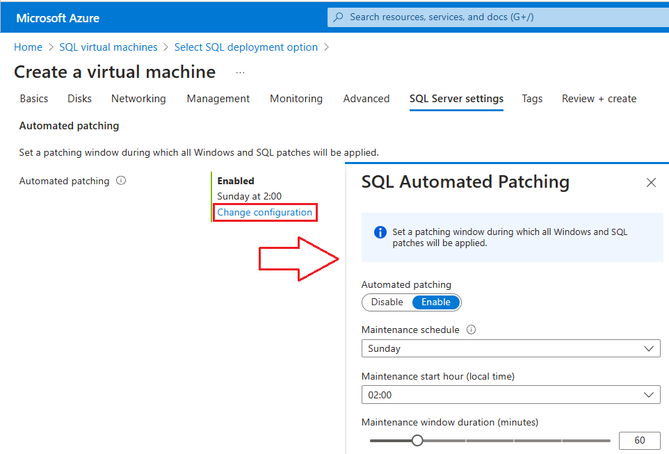 Screenshot of SQL Automated Patching in the Azure portal.