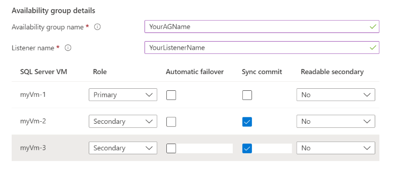 Screenshot of the Azure portal availability group deployment page, SQL Server settings tab, showing availability group details section. 