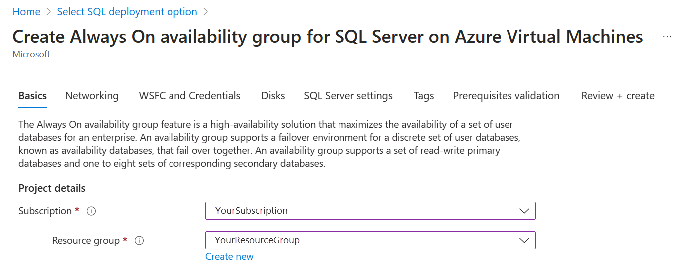 Screenshot of the Azure portal, basics tab of the Create Always On availability group for SQL Server on Azure Virtual Machines page.