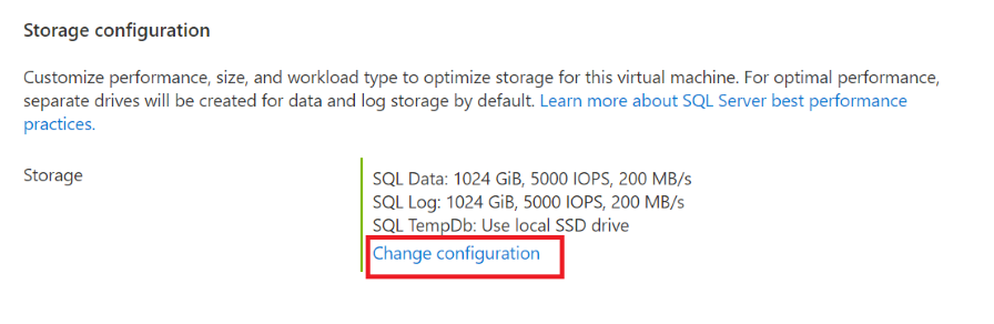 Screenshot of the Azure portal, Disks tab of the Create Always On availability group for SQL Server on Azure Virtual Machines page, showing the Storage configuration with Change configuration highlighted.