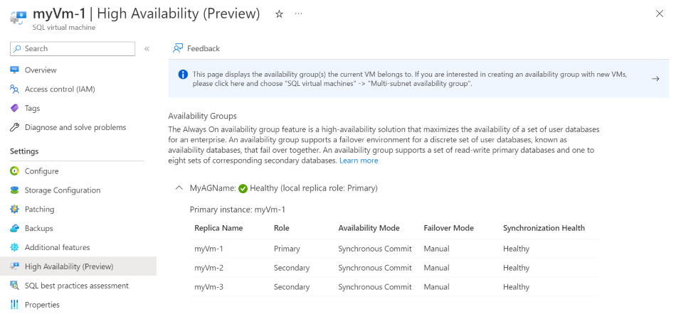 Screenshot of the Azure portal, SQL virtual machines resource, showing where to check the status of your availability group from the high availability page.