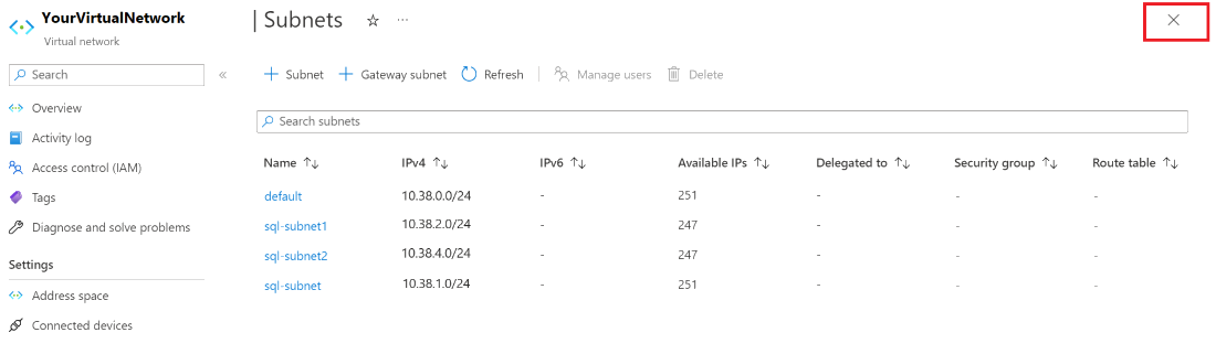 Screenshot of the Azure portal that shows the subnet management pane for a virtual network.