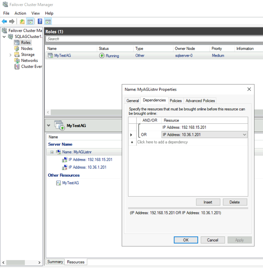 Screenshot of Failover Cluster Manager that shows configured IP addresses for an availability group.