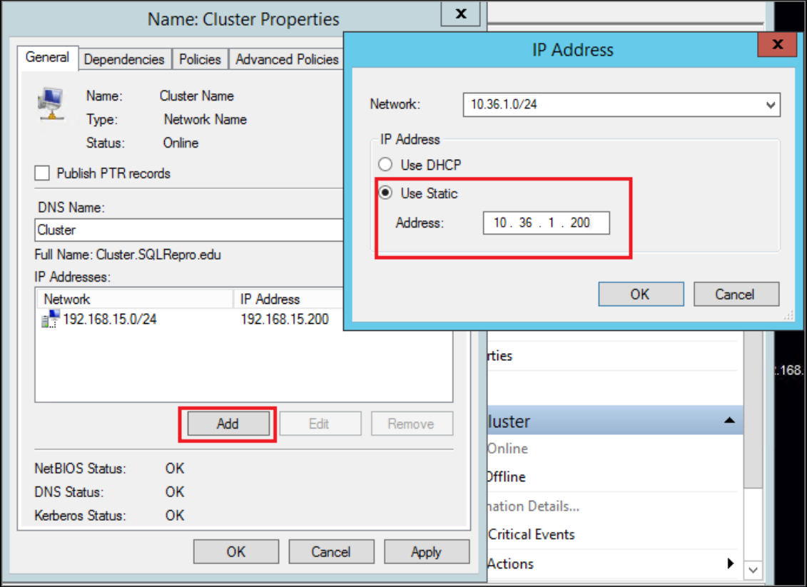 Screenshot that shows the dialogs for creating a cluster IP address.