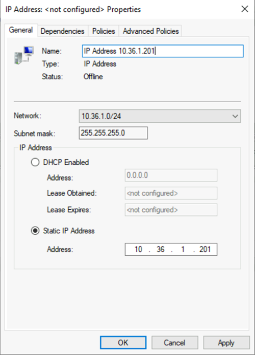 Screenshot of the dialog for IP address properties, showing assignment of the listener IP in the cluster.