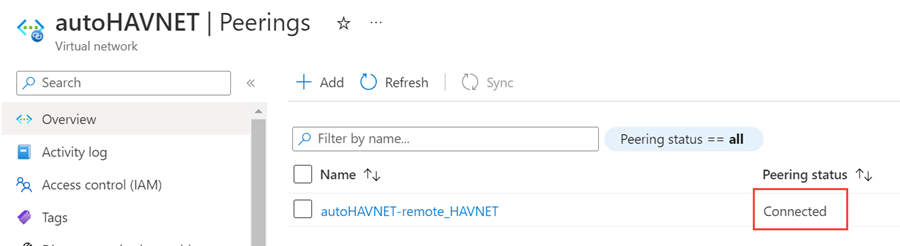 Screenshot of the Azure portal that shows a Connected status for virtual network peering.