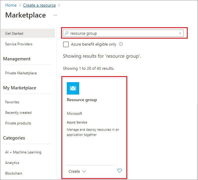 Screenshot of the Azure portal that shows selecting a resource group from the marketplace.