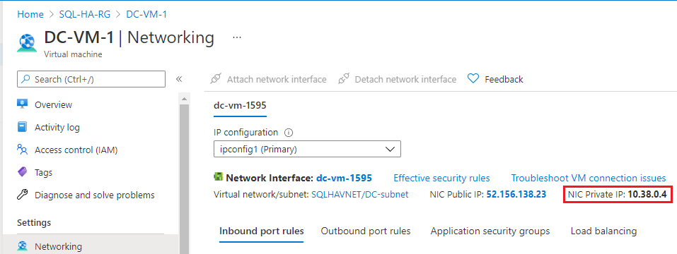 On the DC-VM-1 page, choose Networking in the Settings pane, and then note the NIC private IP address. Use this IP address as the DNS server. 