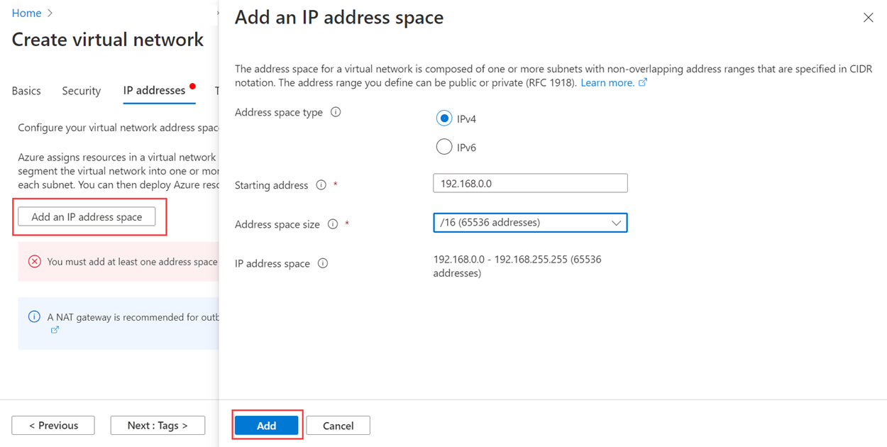 Screenshot of the Azure portal that shows selections for creating an address space.
