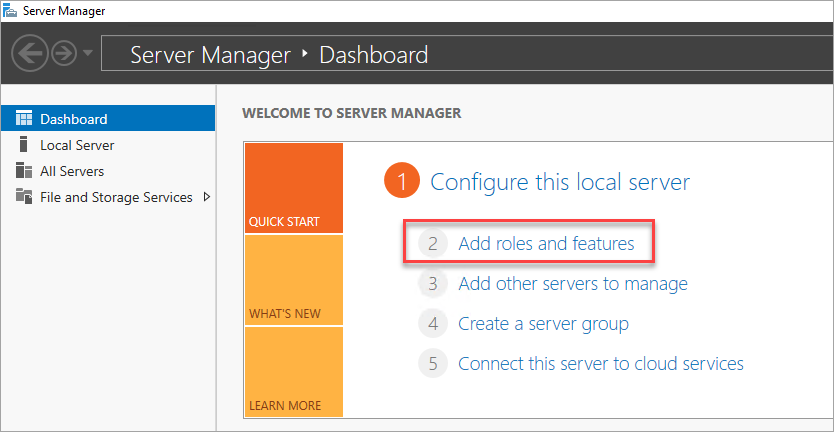 Screenshot of the link for adding roles and features on the Server Manager dashboard.