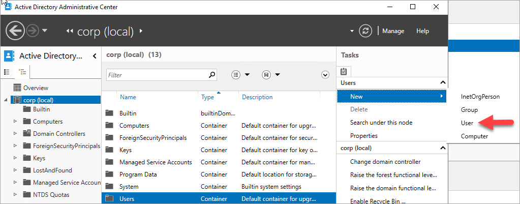Screenshot that shows selections for adding a user in the Active Directory Administrative Center.