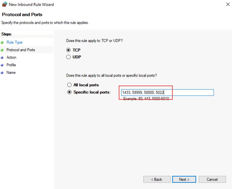 Screenshot of the New Inbound Rule Wizard for a firewall, showing specific local ports.