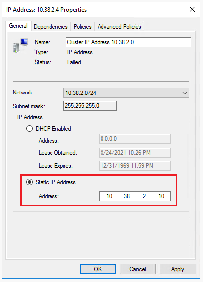 Repeat the steps for the second failed **IP Address** resource, using the dedicated windows cluster IP address for the subnet of the other SQL Server VM.