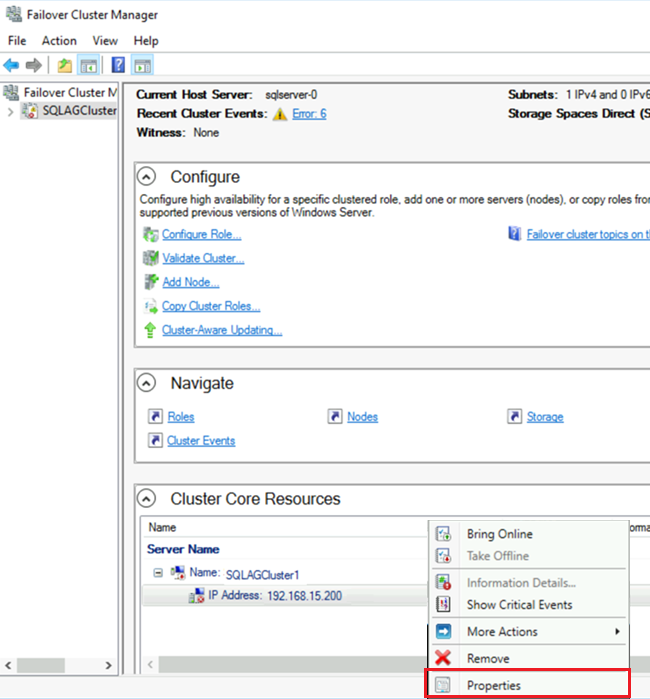 Screenshot of Failover Cluster Manager that shows selections for opening properties for the IP address.