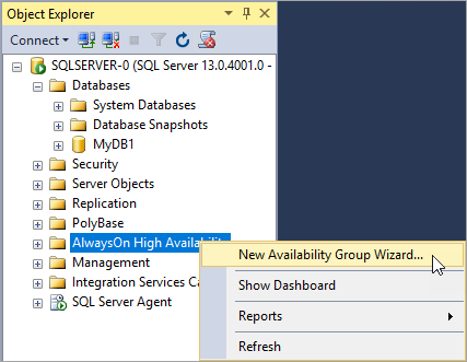 Screenshot of Object Explorer in SSMS, with the shortcut command for starting the New Availability Group Wizard.