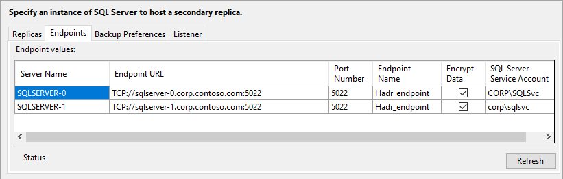 Screenshot of the Endpoints tab in the New Availability Group Wizard in SSMS.