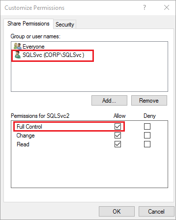 Screenshot of the Customize Permissions dialog with two SQL Server service accounts that have full control of the share.