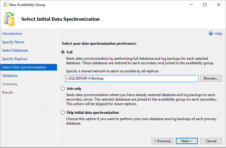 Screenshot of the options for data synchronization in the New Availability Group Wizard in SSMS.
