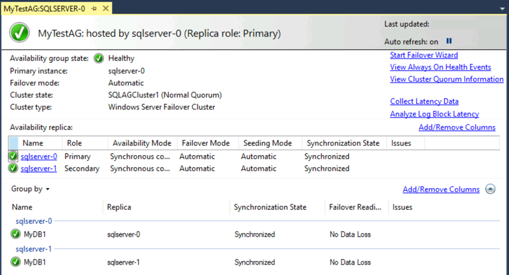 Screenshot of the availability group dashboard in SSMS.