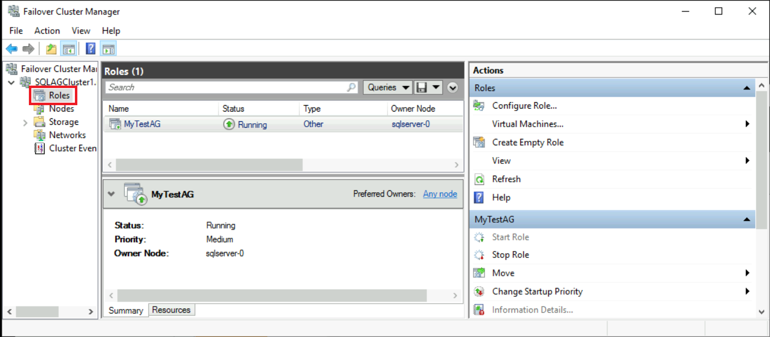 Screenshot of an availability group in Failover Cluster Manager.