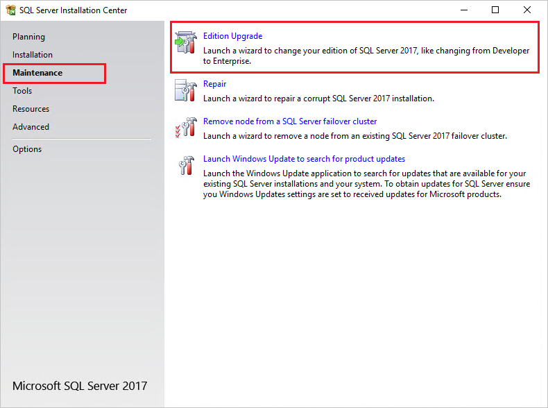 Selection for upgrading the edition of SQL Server