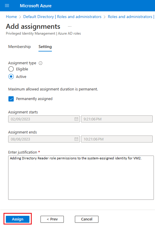 Screenshot of settings on the Add assignment in the Azure portal.