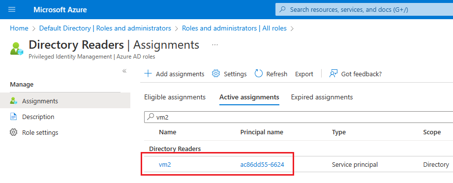Screenshot of the Directory Readers page of the Azure portal showing your VM assignment added to the role.