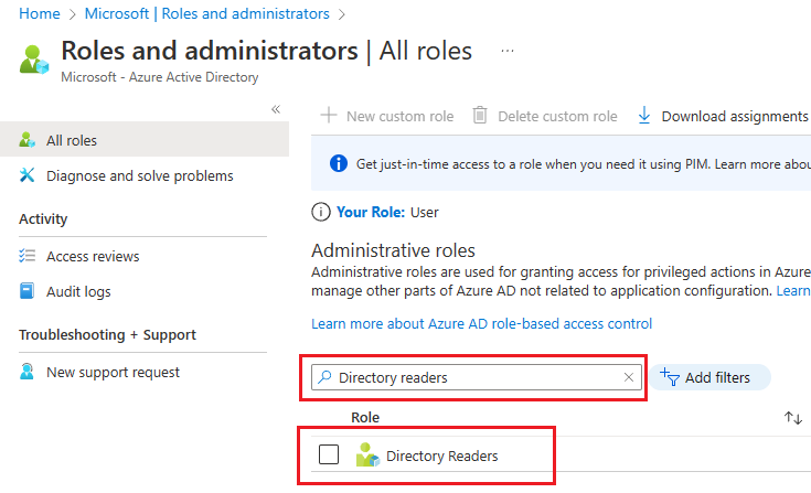 Screenshot of the Roles and administrators page of the Azure portal, searching for and selecting the Directory Readers role.