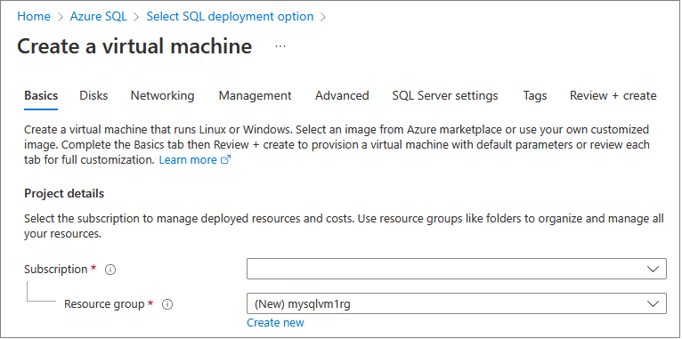 Screenshot from the Azure portal of the Create a virtual machine page, starting with the Subscription field.
