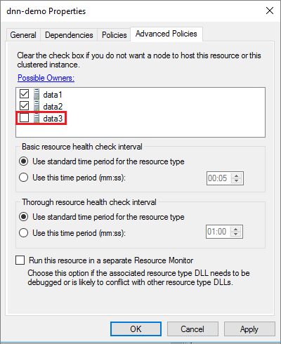 Clear the check box next to the nodes that do not participate in the FCI for possible owners of the DNN resource